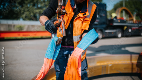Worker with Sling Rope Preparing for Heavy Lifting