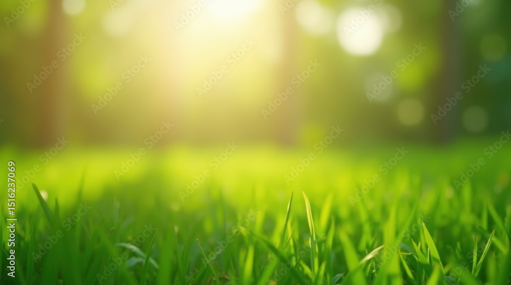Obraz premium Bright summer green grass field with a blue sky and fresh growth