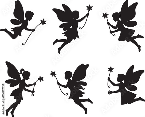 Six silhouettes of fairies with wands