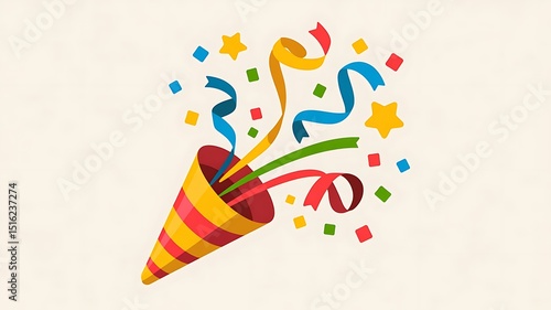 Festive party popper exploding with colorful confetti and ribbons on a light background