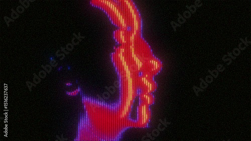 4K Neon profile silhouette with red and violet glitch lines on CRT screen, pixel distortion and analog scanlines for motion graphics overlay, screen mode, cyberpunk identity and tech aesthetic