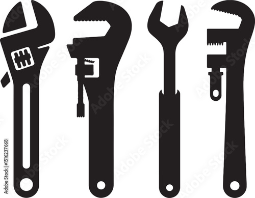 Four black silhouette wrench icons tools repair