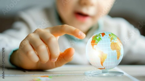 A child pointing at a small globe, exploring the world around them with curiosity and wonder.