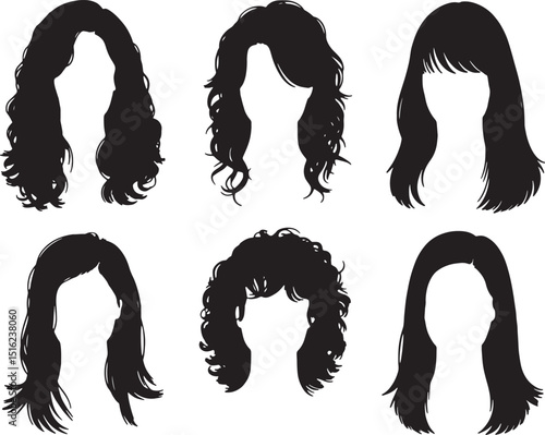 Six silhouettes of womens hairstyles long and curly