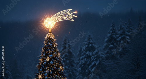 Starry Winter Night Scene With Christmas Tree And Glowing Star Topper