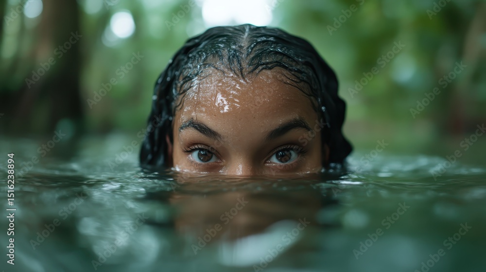 Fototapeta premium This captivating portrait showcases a young girl enjoying the serene embrace of nature, as she partially submerges in tranquil waters, radiating peace and innocence.