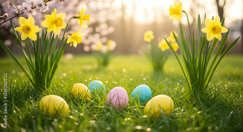 Fototapeta premium Pastel Easter Eggs And Blooming Daffodils In Sunny Spring Meadow