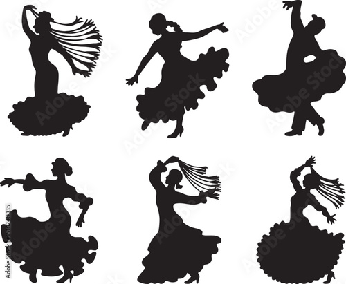 Silhouettes of flamenco dancers performing passionate dance