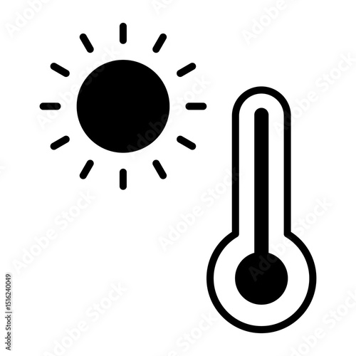 Icono de termómetro con sol. Calor intenso, temperatura elevada, condición climática cálida y advertencia de radiación solar. Ilustración vectorial