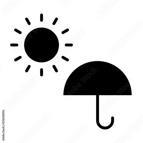 Icono de sol con sombrilla. protección solar, equilibrio climático, sombra en verano y prevención de exposición al sol. Ilustración vectorial