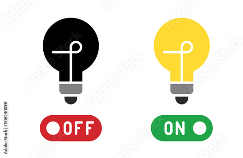 Conjunto de iconos de apagar y encender luz. Control energético, activación eléctrica, gestión de dispositivos y uso eficiente de iluminación. Ilustración vectorial