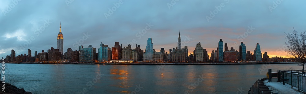 Fototapeta premium Panoramic view of New York City skyline at dawn over water