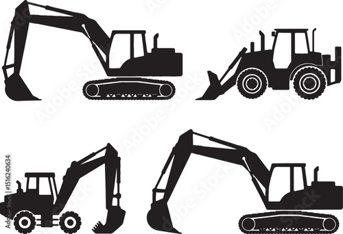 Heavy equipment silhouettes excavators loaders construction machinery
