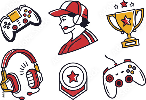 Gaming and Esports Icons Colorful Illustrations Pack. Esports and Gaming Icons Set in Vibrant Illustrations. Colorful Gaming Icons and Esports Illustration Collection. Bright Gaming and Esports Icon