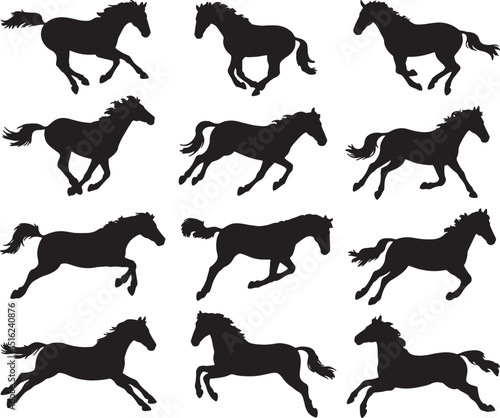 Twelve silhouettes of running horses galloping