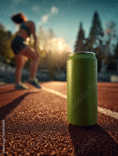 Green energy drink can on track with runner	