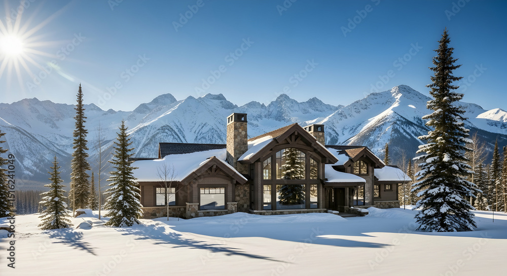 Fototapeta premium Luxury Home Nestled Among Snow Capped Mountains In Beautiful Winter Scenery
