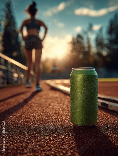 Green energy drink can on track with runner	