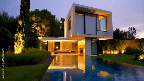 Modern house with pool reflecting light at dusk creating a serene and luxurious atmosphere