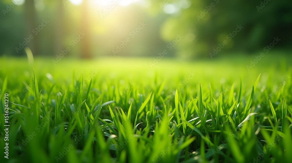 Fototapeta premium Fresh green grass in the morning sun, a vibrant summer meadow perfect for nature backgrounds
