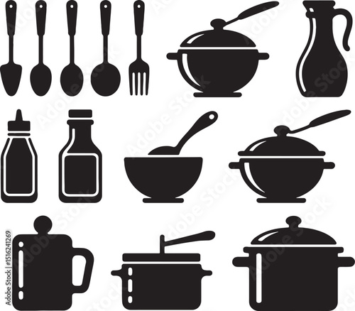 Kitchen utensils cooking pots pans silhouettes