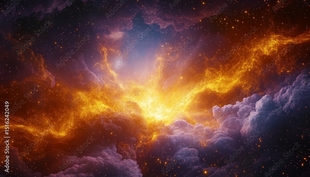 Fototapeta premium Celestial Firestorm A Dramatic Nebula of Orange, Yellow, and Blue with Dazzling Stars