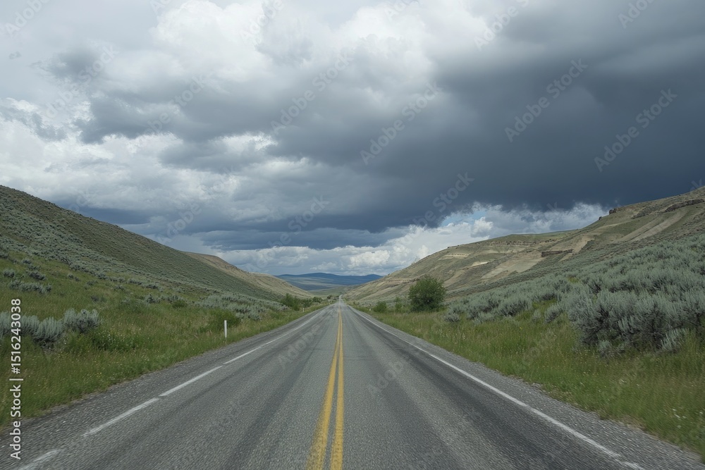 Fototapeta premium Empty highway stretches into a cloudy sky over rolling hills