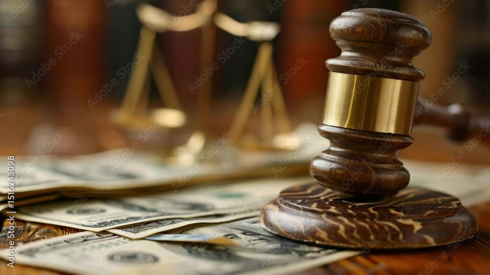A judge's gavel resting on cash with blurred legal scales in the background, symbolizing law and finance. A judge's gavel resting on cash with blurred legal scales in the background, symbolizing law and finance.