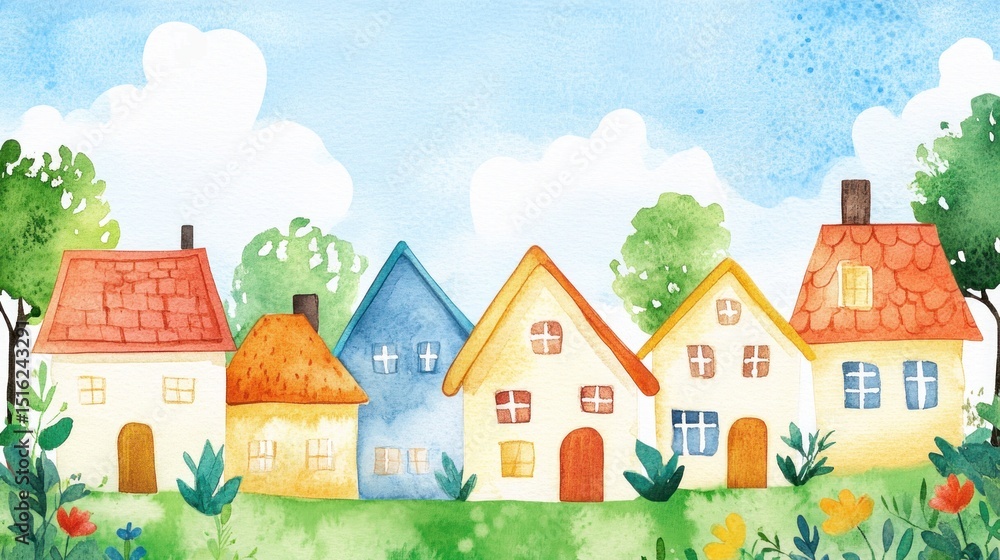Naklejka premium Watercolor Village Scene