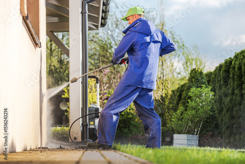 Power Washing a House Exterior During Daylight in a Residential Neighborhood