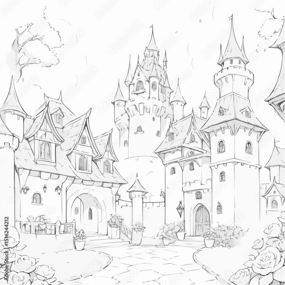 Fairytale castle village illustration in outline style surrounded by roses for coloring page Fairytale castle village illustration in outline style surrounded by roses for coloring page