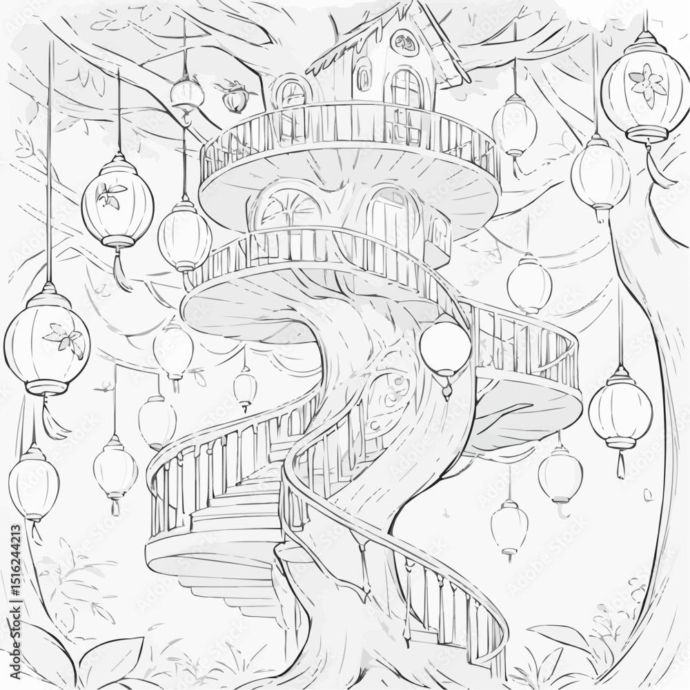 Obraz premium Enchanting treehouse illustration with lanterns in outline style for coloring page 