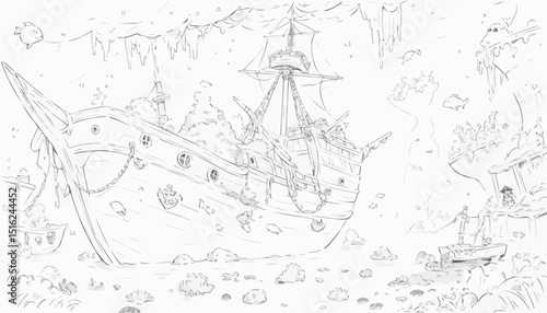 Whimsical sunken ship illustration surrounded by underwater treasures and sea life in outline style for coloring page
