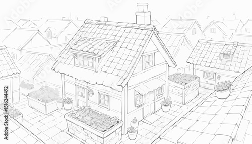 Charming line art illustration of a cozy cottage with garden boxes on a rooftop scene