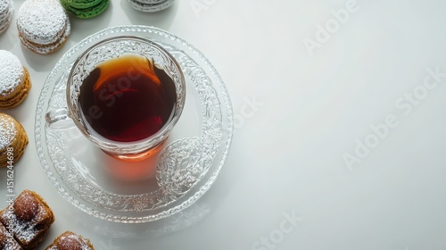 Elegant Tea Time Clear Cup of Tea with Pastries on a White Background