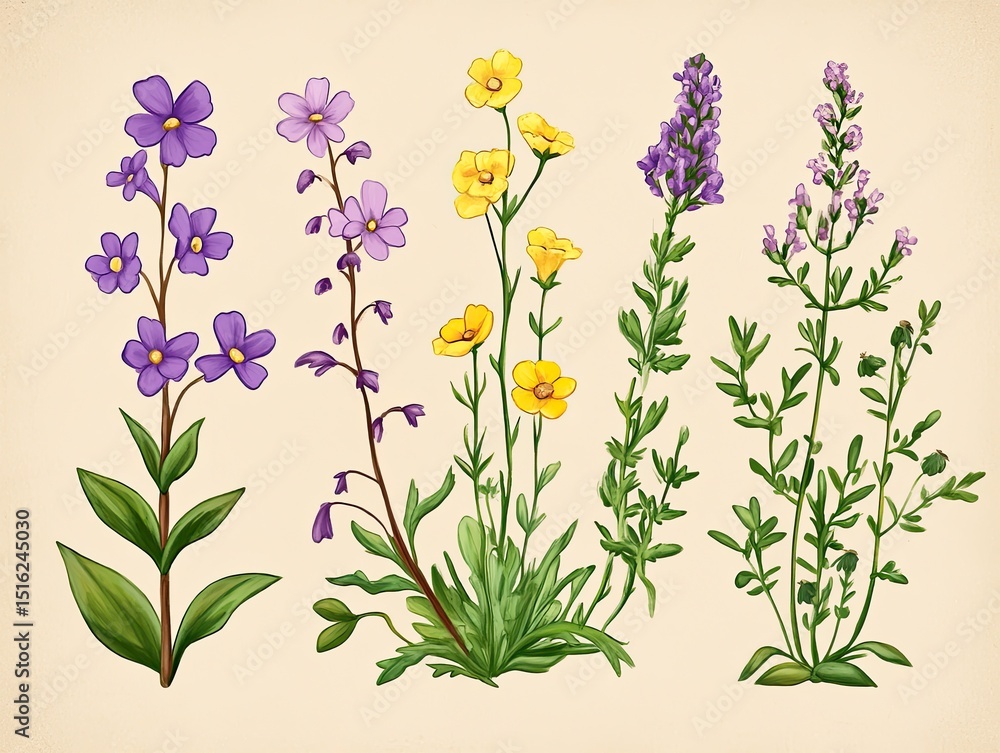 Naklejka premium Four wildflowers with vibrant colours