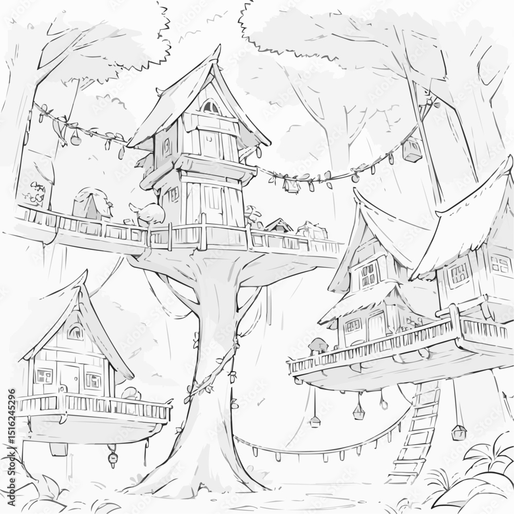 Fototapeta premium Whimsical treehouse village illustration, imaginative mood, in coloring page design