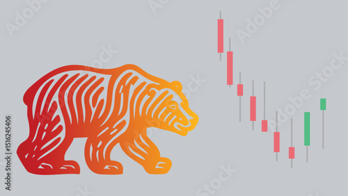 A bear walking in a bear market stock illustration with candlestick chart