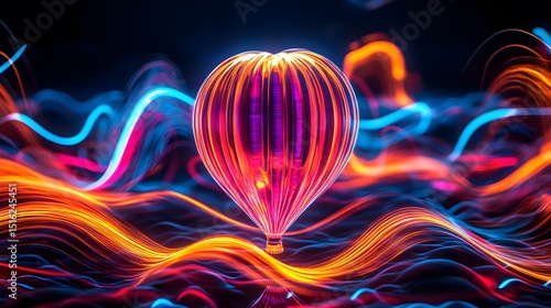 Glowing hot air balloon in a dynamic abstract background.