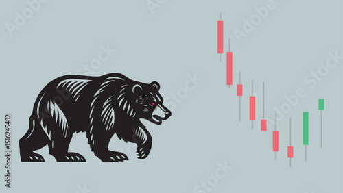 A bear walking in a bear market stock illustration with candlestick chart