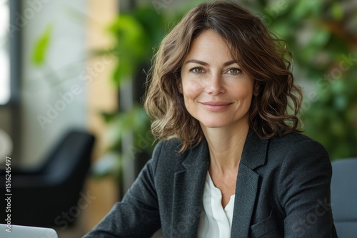 Portrait of a smiling woman with wavy brown hair wearing a blazer in an office setting indoors