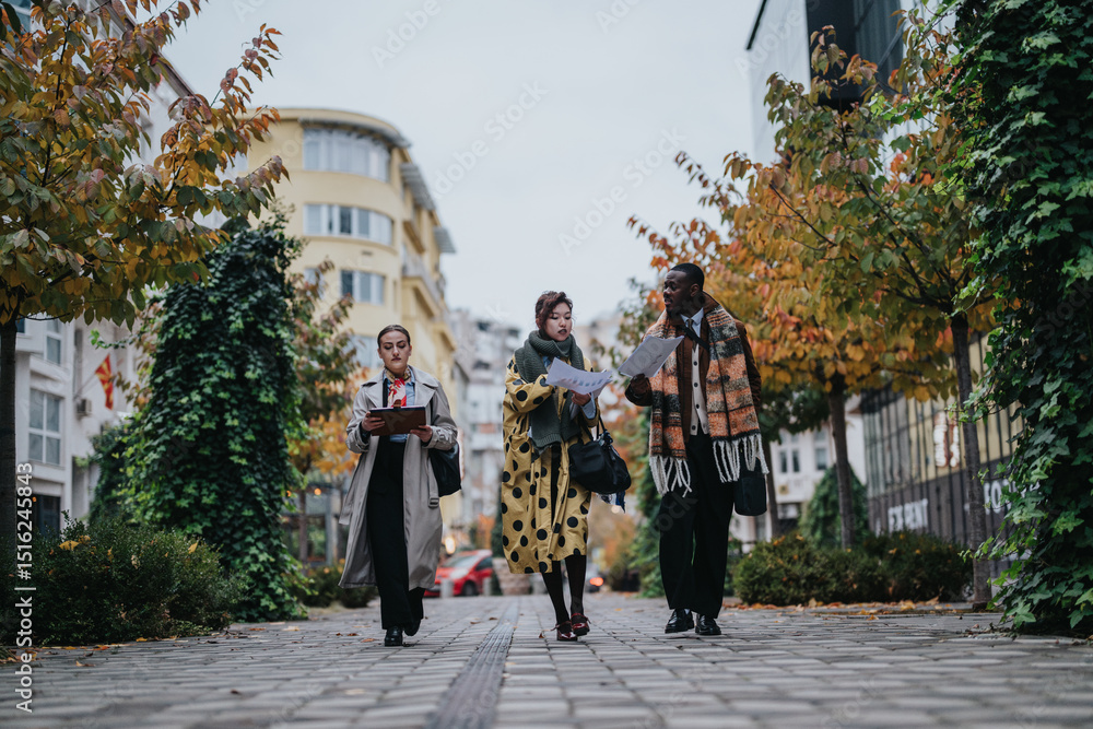 Obraz premium Three young business people walking along an urban pathway in autumn, holding documents and discussing ideas, surrounded by modern architecture.