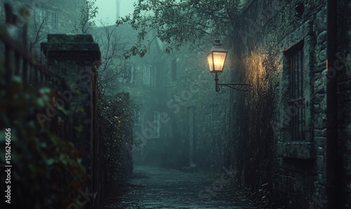 A dimly lit alleyway with a glowing street lamp and stone walls on a foggy night in a european town