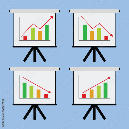 set of collection of bars of progression and decline of graphs on presentation screen. cartoon and illustration. suitable for business presentations, financial reports, crypto charts and others.