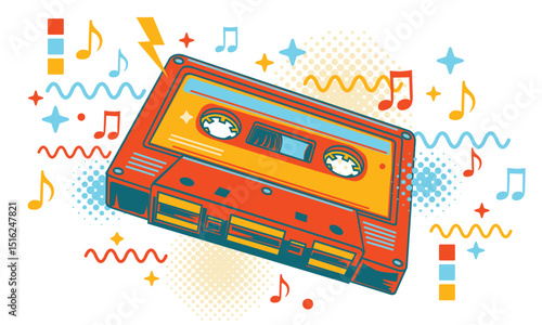 Colorful musical audio cassette and notes funky music design