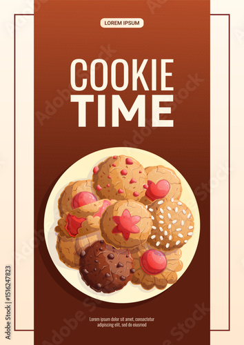 A design template for a flyer for a bakery store. Different types of cookies on a plate. The concept of confectionery, cooking, bakery. A4 vector illustration for posters and banners