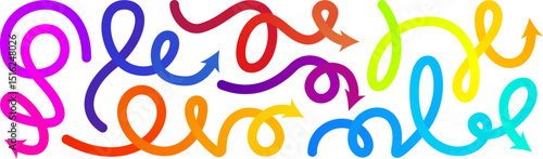 Arrow gradation, squiggly gradient vector line set. Curved carnival change icon. Rise pattern, doodle shape brush element. 3d dynamic multi colored curly loop spiral strokes. Abstract twirl bold paint
