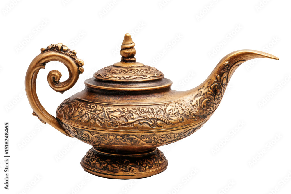 Fototapeta premium Ornate Antique Brass Genie Lamp A Detailed Close-Up of an Intricately Designed Oil Lamp