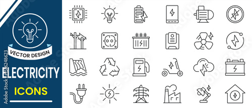 Electricity icons, vector set collection. Electricity, Energy line icons such as lightning strike, static, energy sources, induction, electric current, charger flow and more. Vector illustration.