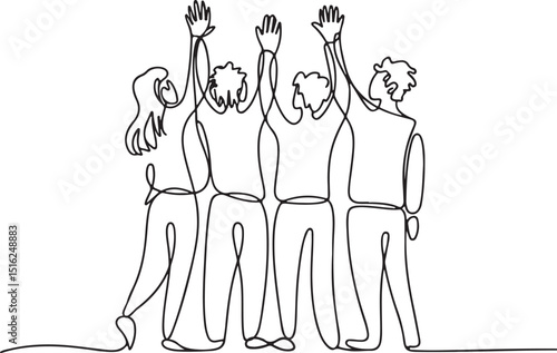 Diverse group of young people raising hands in continuous one line art style, symbolizing unity, hope, and empowerment for Youth Day

